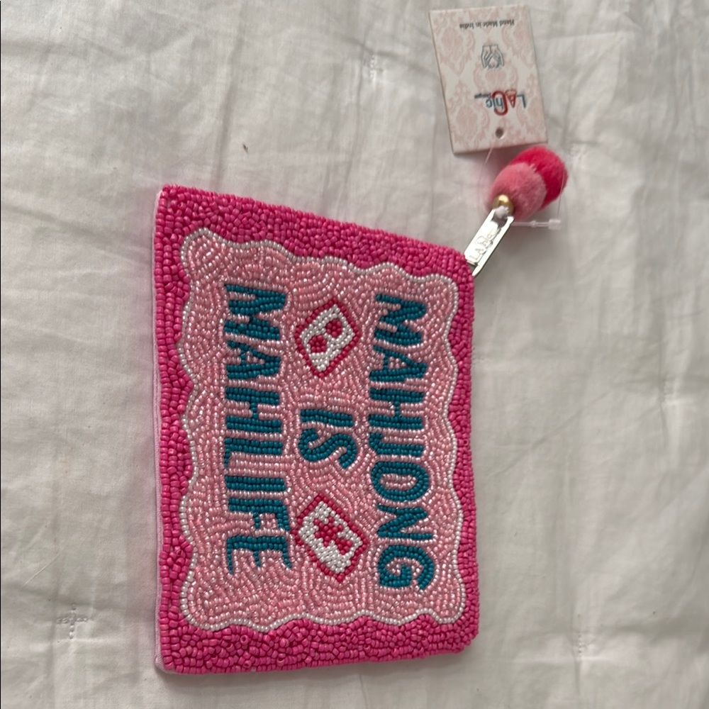 Beaded 'Mahjong Is My Life' Pink Wristlet Pouch